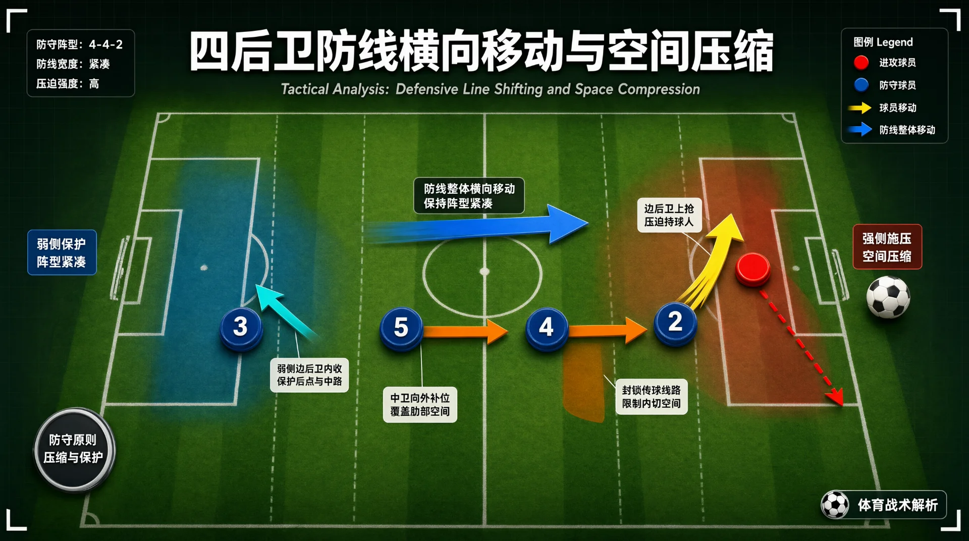 足球战术板俯视图：编号3、5、4、2的蓝方后卫横向移动，黄箭头示边后卫上抢右路红方持球人，橙箭头示中卫补位，青箭头示弱侧内收，红虚线为传球路线，附图例与标签。