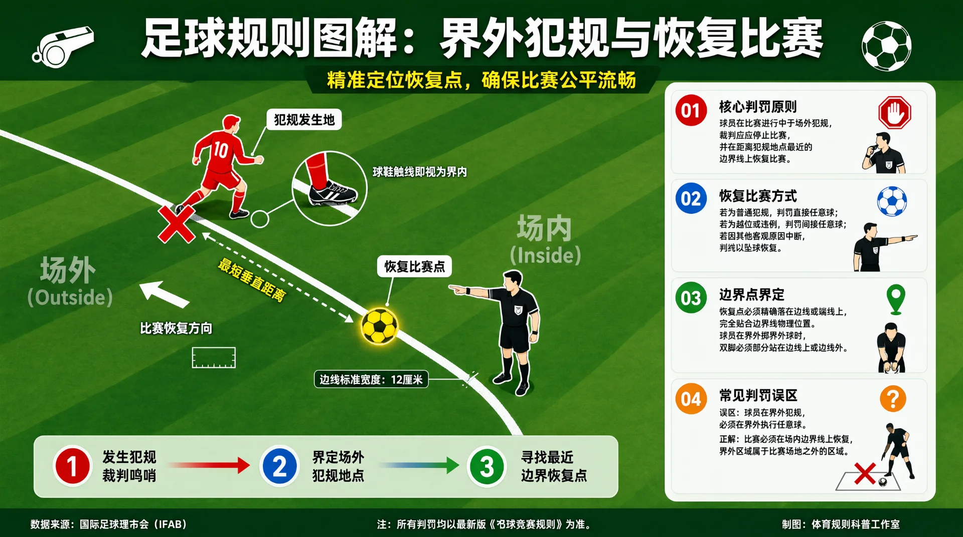 足球规则信息图：红衣球员半身越出边线，犯规地以红叉标记；黑衣裁判指向边线旁的足球恢复点，黄色虚线连接犯规地与恢复点；右侧列四条判罚说明，底部为三步恢复流程。