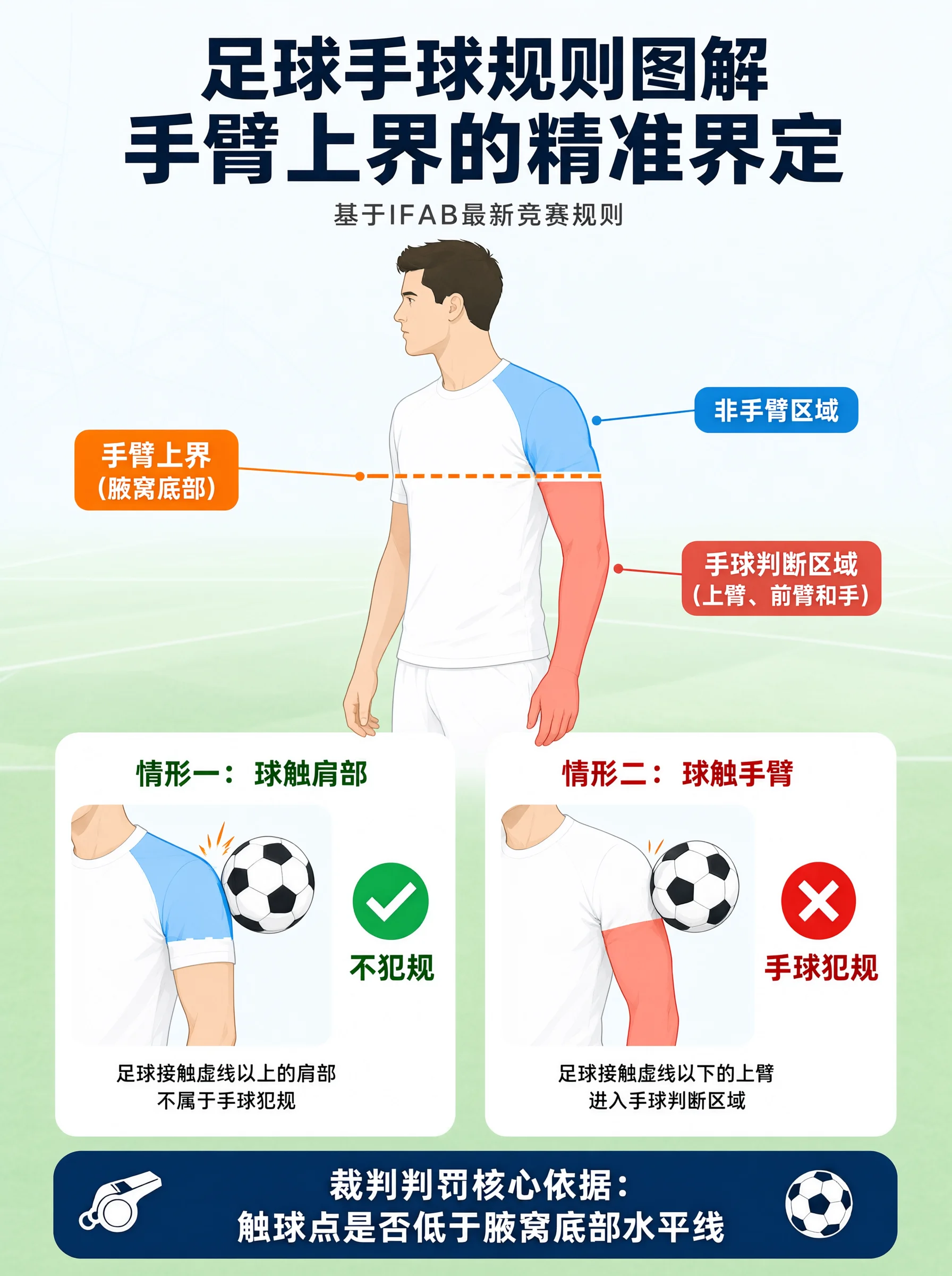 球员侧身站立，虚线以腋窝底部标出手臂上界：线上肩部为非手臂区域，线下上臂、前臂和手为手球判断区域；下方对比球触肩部不犯规、球触手臂手球犯规两种情形。