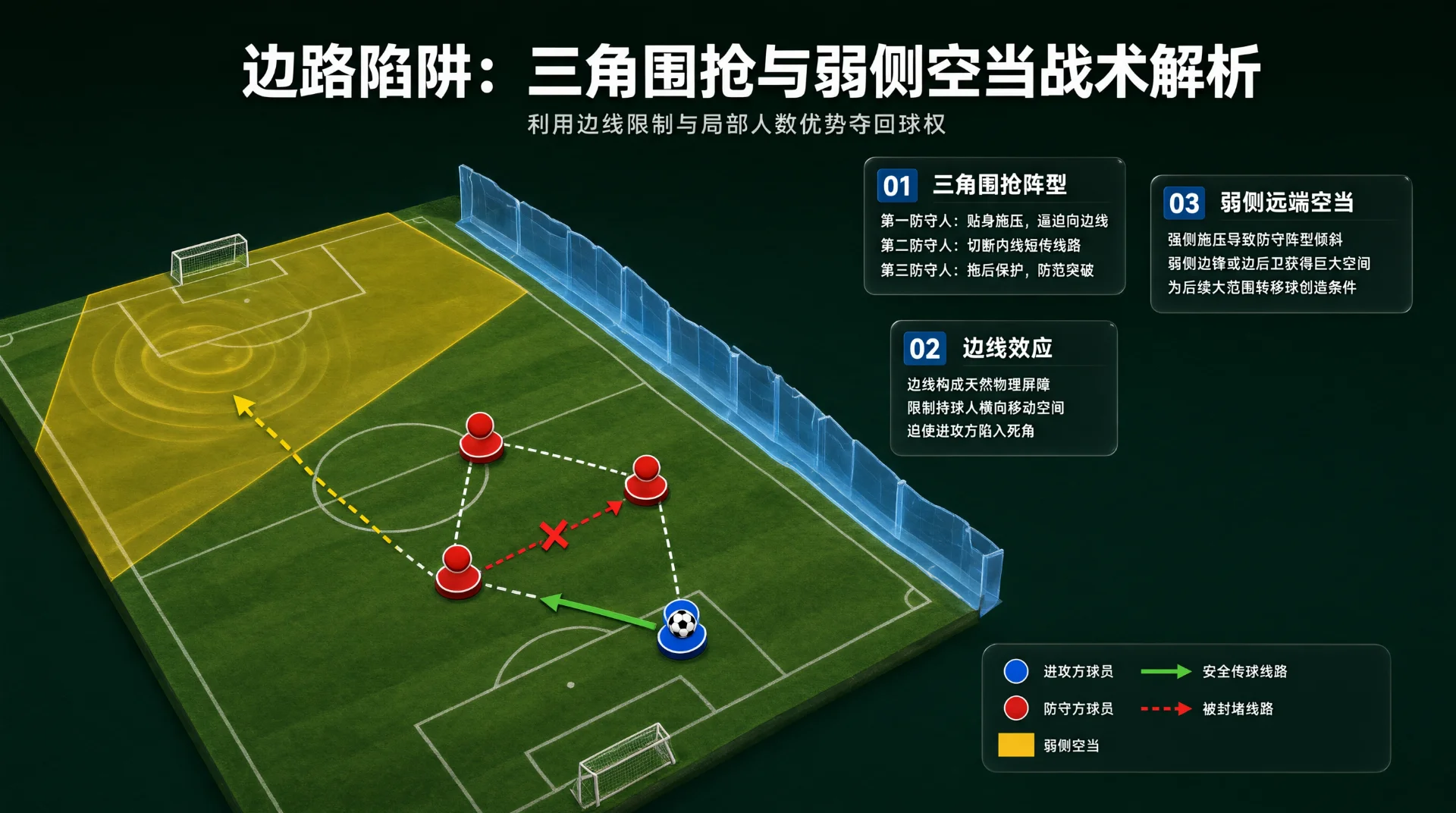 足球战术图：三名红色棋子防守球员以虚线成三角，围抢持球的蓝色棋子球员；边线为半透明蓝墙。带叉红虚线示被封堵线路，绿箭头示传球线路，黄虚线指向黄色空当。