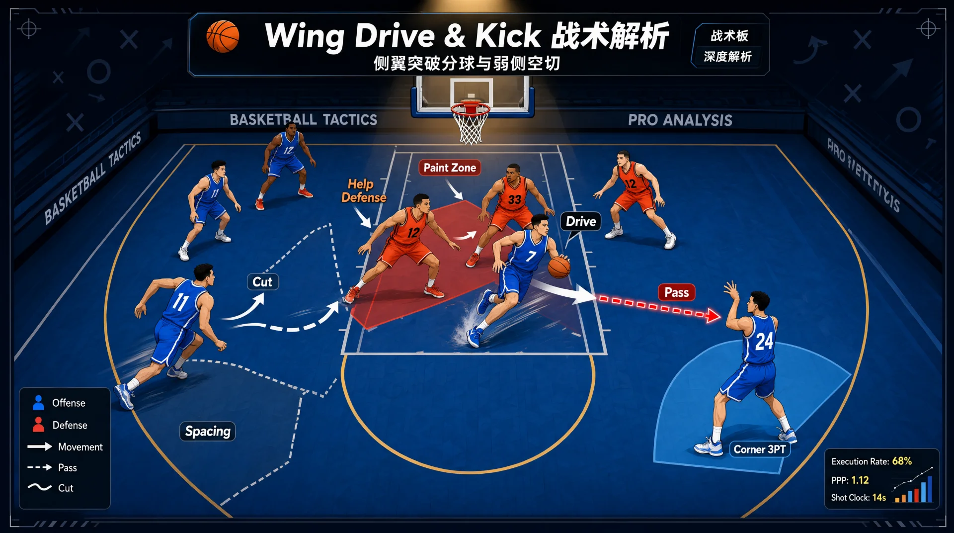篮球半场战术插画：蓝衣球员持球侧翼突破，两名红衣防守者向禁区收缩；红色虚线传球箭头指向底角举手的蓝衣射手，弱侧蓝衣球员沿虚线空切，场上有移动与空间箭头标注。