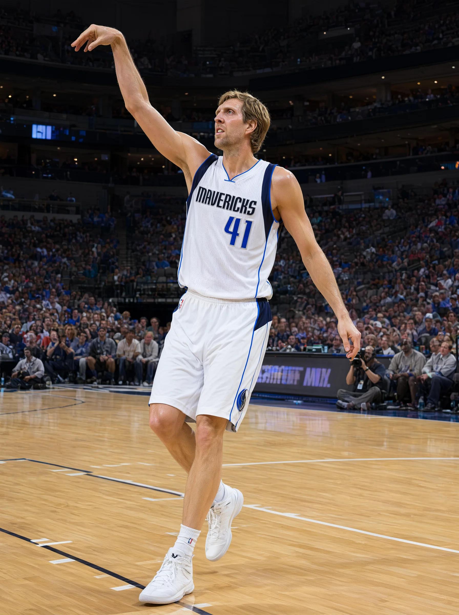 身穿白色"MAVERICKS"41号球衣的篮球运动员单脚立于木地板球场上，一臂高举保持投篮后的跟随姿势，另一臂自然下垂，背景为坐满观众的球馆看台。